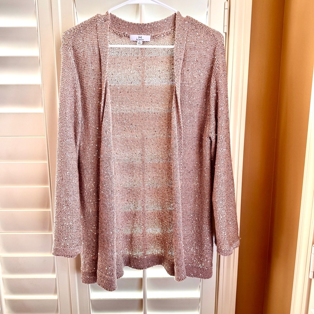 H by Halston Metallic Sequin Open Knit Cardigan‎ Champagne Blush Size L